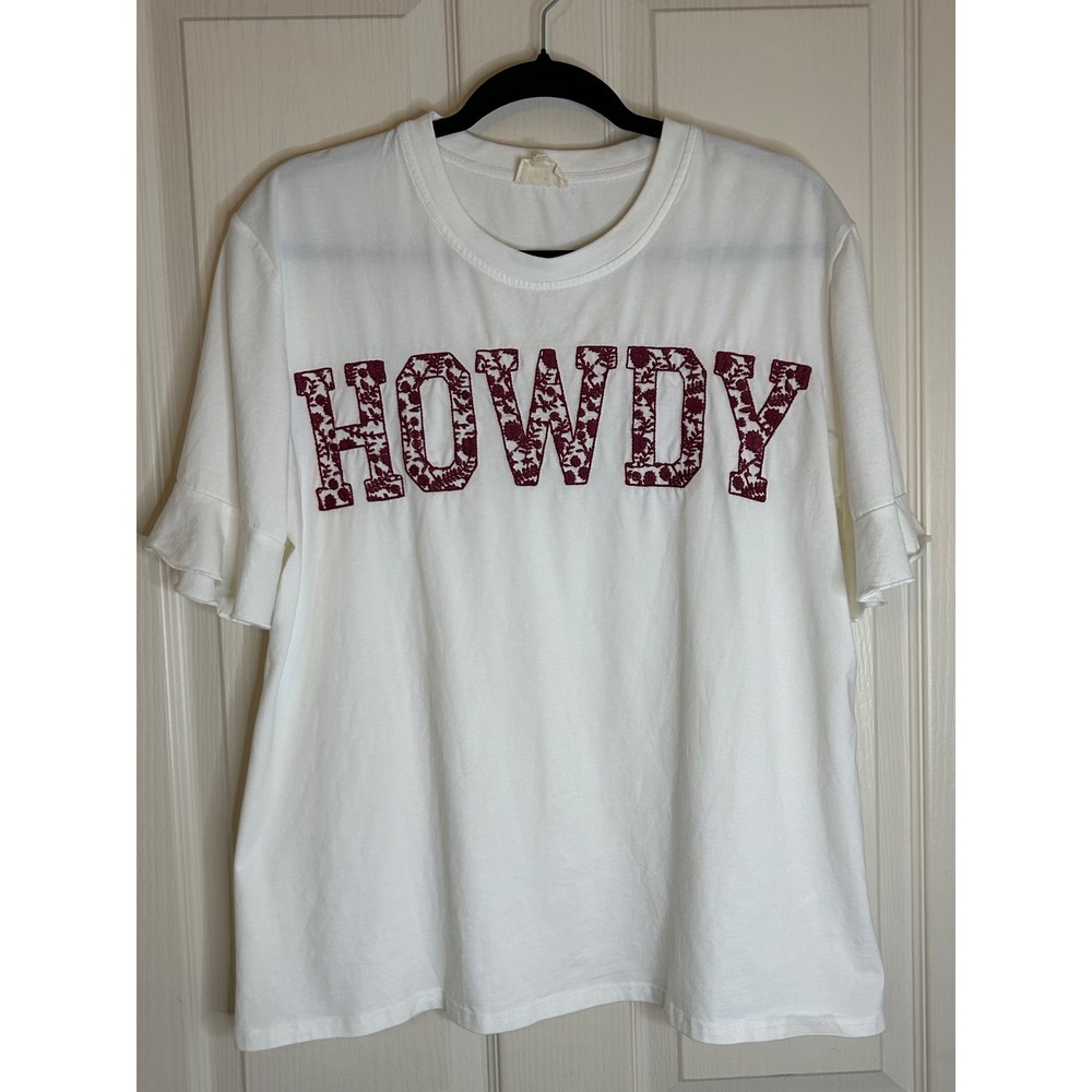 Layerz Clothing White Howdy Floral Embroidered Ruffle Sleeve T-Shirt Size‎ M